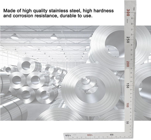 90 Degree Right Angle Finder, Stainless Steel Ruler, Easy Read Measurement Layout Template Tool (300mm x 150mm)