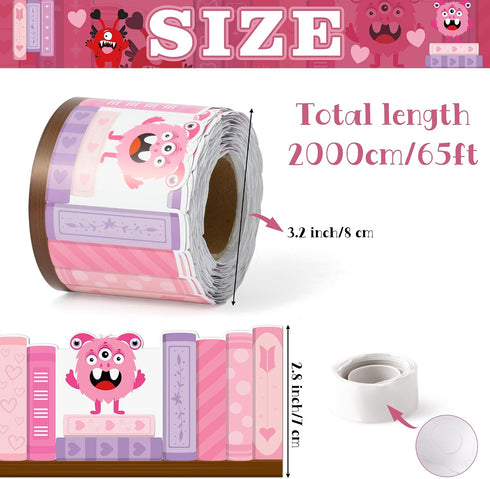 65ft Set BeYumi Monster Bookshelf Border Trim - Back to School Monster Pink Books Rolled Border Trim Cute Love Heart
