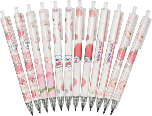 Maydahui 12Pcs Cute Peach Print Everlasting Pencil, Retractable Inkless Pens for School, Office, Home Writing