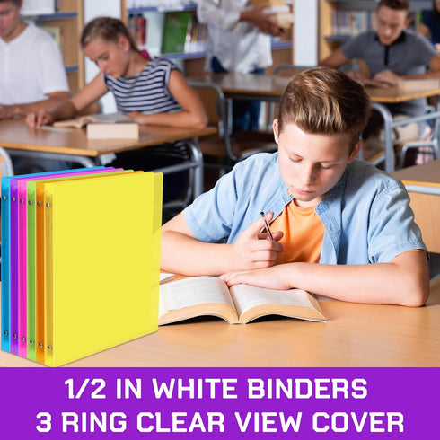 Fulmoon 6 Pack Economy Flexible Plastic 3 Ring Binder with Pocket, Assorted Colors (Clear, 0.5 Inch)