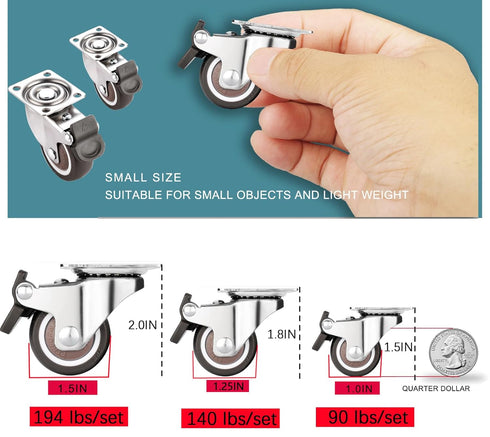 8Pcs 1.5 Inch (4 4 Low Profile Swivel Casters Wheels, Small Heavy Duty Rubber Rolling Wheels with Lock Metal Plate