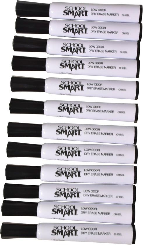 School Smart Low Odor Dry Erase Marker, Chisel Tip, Black, Pack of 12, 40 lb - 24 Inches x 1000 Feet
