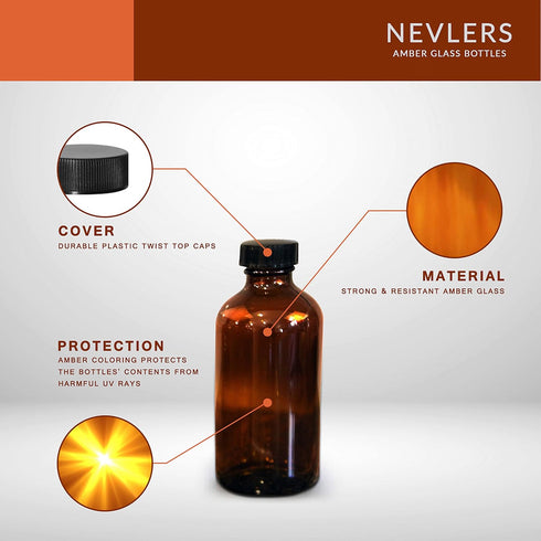 Nevlers 12 Pack 8 oz Amber Glass Bottles with Caps, Leakproof Brown Bottles with Funnel and Brush for Easy