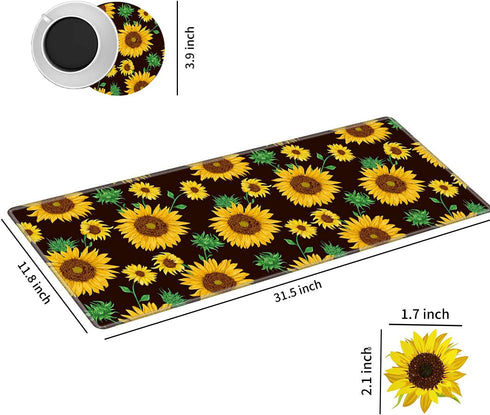 Large Gaming Mouse Pad with Stitched Edges, Desk Pad Protector, Computer Keyboard Mouse Mat Non-Slip Cute Desk Decor for Home/Office/Study Accessories+ Coaster and Stickers, Sunflower Yellow by BWEGRHE