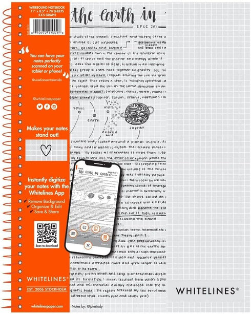 ROARING SPRING Whitelines Spiral Graph Ruled Notebook, 11" x 8.5", 70 Sheets, Digitally Download Your Notes
