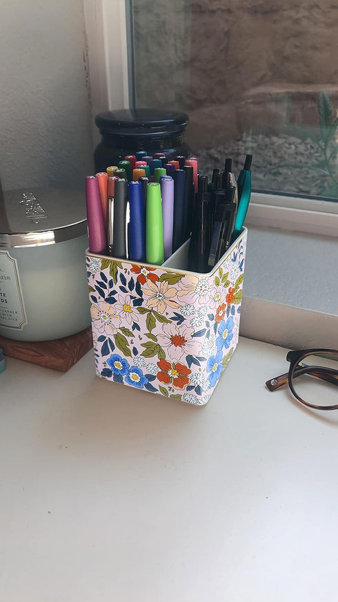 Ceramic Pen Pencil Holder, Makeup Brush Organizer with 2 Compartments, Floral Multi-functional Storage Caddy, Pink
