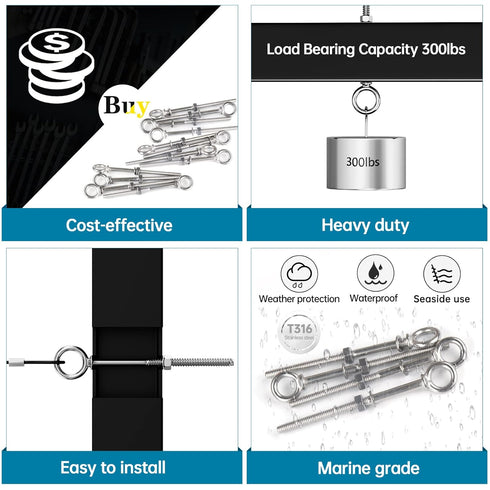 Muzata 5 Pack 1/4" x 5" Eye Bolts with Nuts Washers, T316 Stainless Steel Threaded Eyebolts for Heavy Duty Lifting