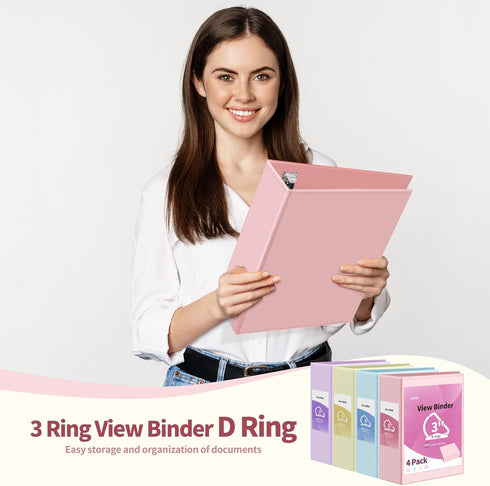 SUNEE 3 Inch Clear View Binder, PVC-Free Three Ring Binder for School or Office Supplies, Assorted Pastel, 4 Pack