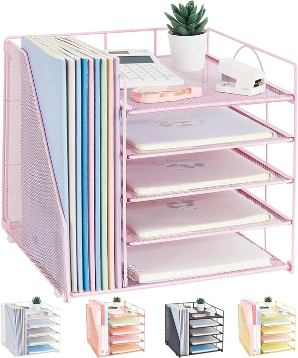 Desk Organizers and Accessories, 5-Tier Reference System with File Holder, Pink Office Supplies