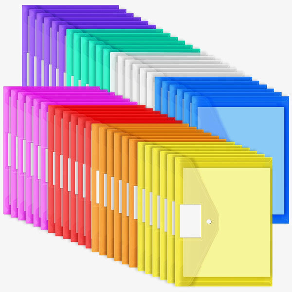 EOOUT 48pcs Clear Document Folders, Plastic Envelopes with Snap Button Closure, Letter/A4 Size, 8 Colors