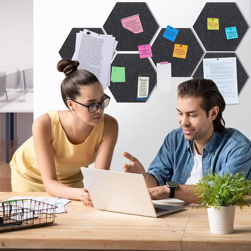 Hexagon Felt Cork Board Tiles, 6 PCS Self Adhesive Bulletin Boards Set with Pushpins for Home Kitchen School Decor