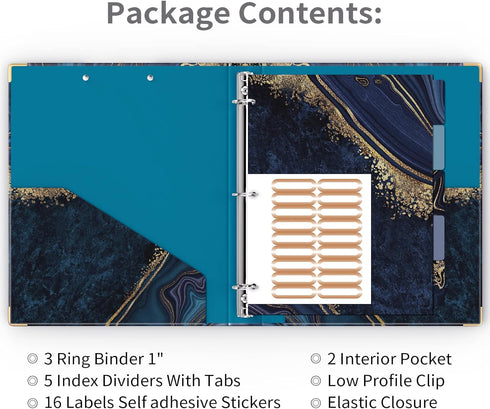 Ospelelf 1 Inch 3 Ring Binder, Cute Blue Marble Binder for Letter Size (11" x 8.5") with 5 Tab Dividers and Low Profile