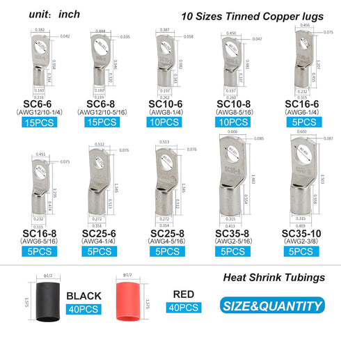 Thick Copper Lugs, Electric Wire Lugs AWG2 4 6 8 10 12 Gauge, 80Pcs Tinned Heavy Duty Battery Cable Lugs with Heat