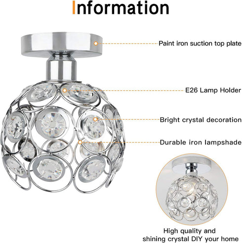 Zevnico Closet Silver Mini Chandelier Light Fixture, Crystal Ceiling Light, Semi Flush Mount Hallway Lights, Small