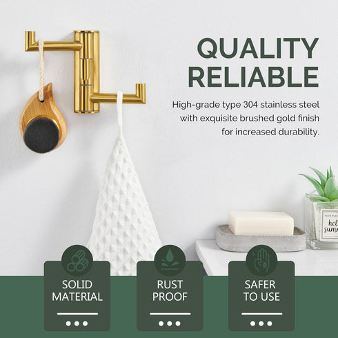 Angle Simple 3 Arms Towel Hook, Brushed Gold 304 Stainless Steel Swivel Triple Towel Holder, Wall Mount