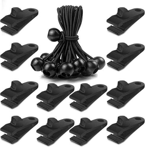 24 Pcs Tarp Clips and Ball Bungee Cords, Heavy Duty Lock Grip Fasteners with 6 Inch Bungee Ball Cords for Outdoor