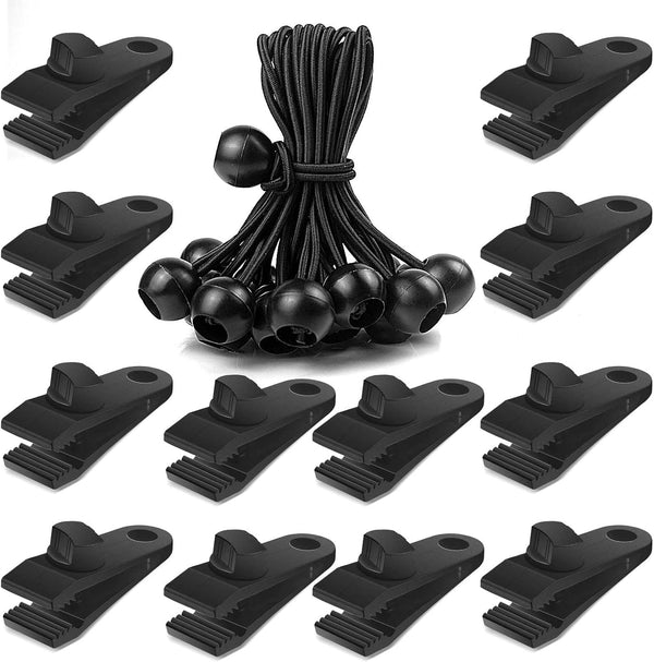 24 Pcs Tarp Clips and Ball Bungee Cords, Heavy Duty Lock Grip Fasteners with 6 Inch Bungee Ball Cords for Outdoor