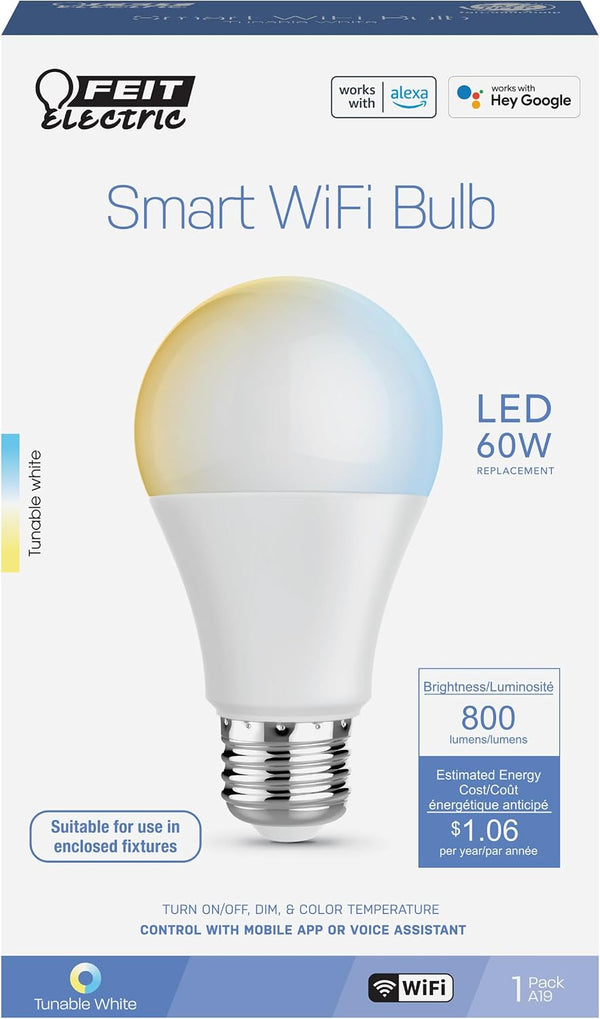 Feit Electric A19 Smart LED Light Bulb, 60W Equivalent, Tunable White, Alexa