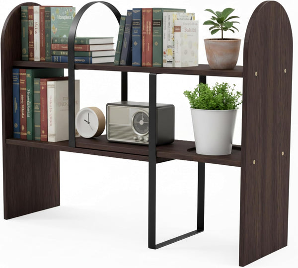 Maplefield Desk Hutch Expandable Shelf Organizer, Walnut Finish, Engineered Wood Desktop Storage