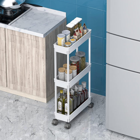 Sooyee 3 Tier Rolling Cart with Wheels, Slim Storage Cart, Narrow Storage Cabinet, Under Desk Storage, Rolling Utility