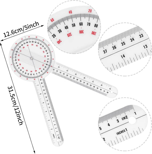 Prasacco 12 Inch Goniometer, Transparent Orthopedic Angle Ruler Plastic Goniometer 360 Degree Goniometer Angle Protractor Goniometer for Body Measuring Tape Goniometer Protractor Ruler