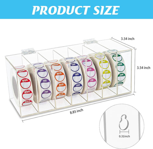 Acrylic Day of The Week Label Dispenser - 7-Slot Wall Mount Sticker Roll Dispenser for 1", 3/4" Labels