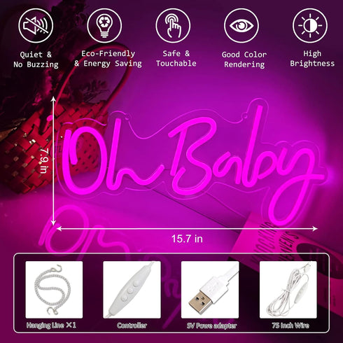 Fespcj 5V15.7 "X7.9"Pink Reusable Oh Baby LED logo for partiesBirthday Graduation Adult GiftFestival decorationDaily