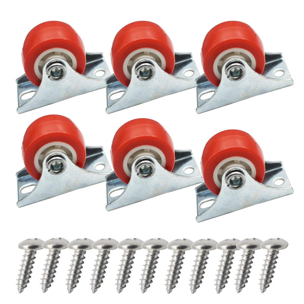 1 Inch Rigid No-Swivel Plate Casters Small Rubber Wheels for Furniture and Workbench 6 Packs (Free Screws)