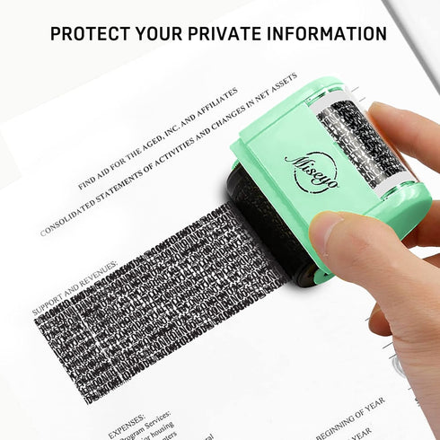 Miseyo Identity Theft Protection Roller Stamp Set - Mint Green, Includes 3 Refill Inks