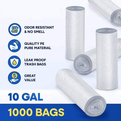 Plexon 7-10 24 24 8 1000 Count Pack Gallon Clear Trash Bags W x in, L x in, Small Garbage Bags, Micron, HDPE