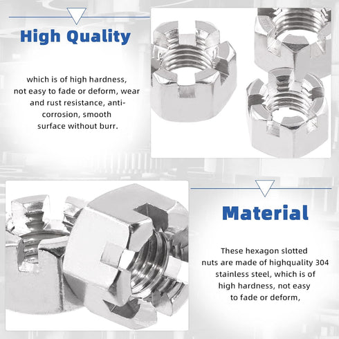 Glarks 20Pcs M6 M8 M10 M12 M14 M16 304 6 Stainless Steel Hexagon Slotted Nuts Assortment Kit, Size Hex Castle Nuts