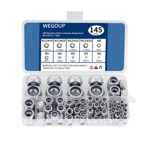 wegoup 145 PCS Nylon Insert Lock Nuts Assortment Kit, Metric M3-M12, 304 (A2-70)