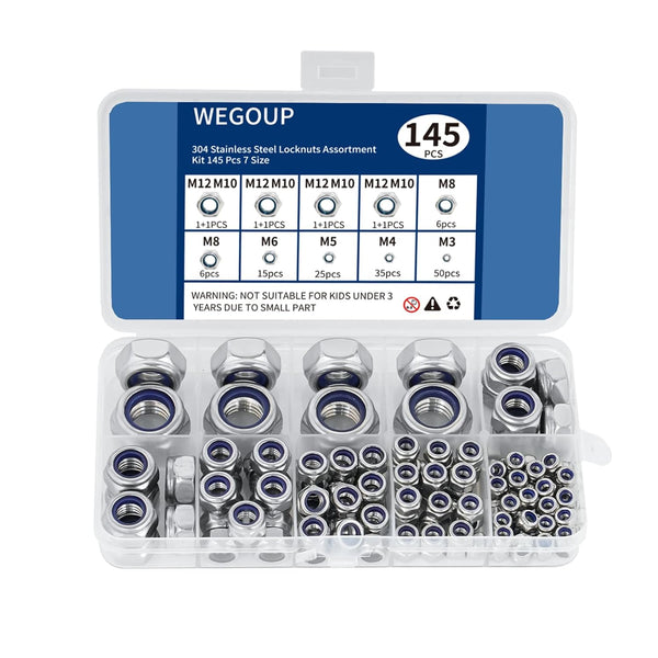 wegoup 145 PCS Nylon Insert Lock Nuts Assortment Kit, Metric M3-M12, 304 (A2-70)