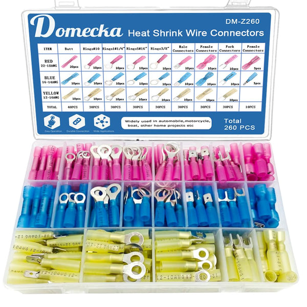 260PCS Heat Shrink Ring Connectors Kit, Automotive Marine Electrical Terminals, Crimp Connector Assortment, Spade Fork