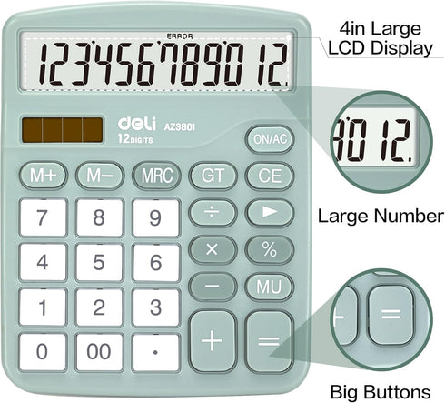 Deli Standard Function Desktop Calculator with 12 Digit Large LCD Display and Sensitive Button, Solar Battery Dual
