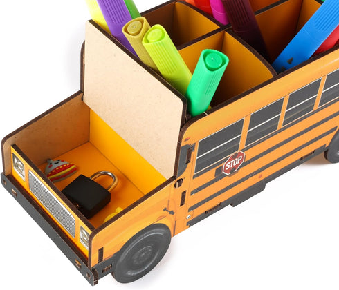 Pencils Organizer School Bus Pen Holder, Creative DIY Multifunctional Desk Organizer, 6 Compartments for Office School