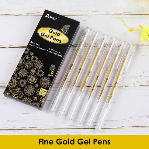 Dyvicl Gold Gel Pens, 0.8 mm Fine Pens Gel Ink Metallic Gold Pens for Black Paper Drawing, Sketching, Illustration, Adult Coloring, Journaling, Set of 6