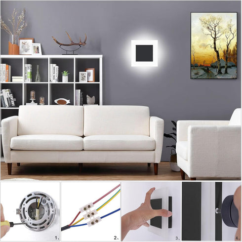 10W Non-Dimmable 6000K Kawell Square Acrylic LED Wall Sconce Hardwired Black Wall Light Fixture for Bedroom, Living
