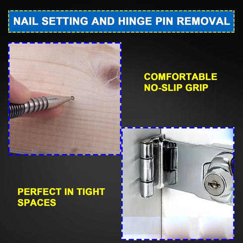 Spring Nail Set, 4pcs Dual Head Nail Setter and Hammerless Door Hinge Pin Removal Tool