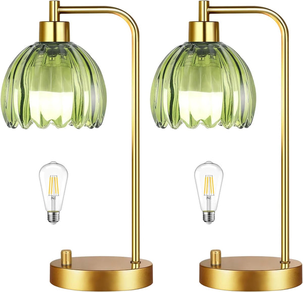ILLMTW Green Table Lamp Set of 2,Small Glass Bedside Lamps Dimmable Boho