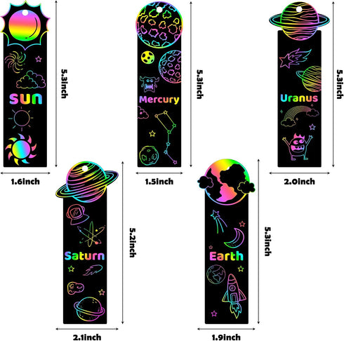 CY2SIDE 72PCS 9 Solar System Planets Scratch Bookmarks for Kids, Outer Space Theme Scratch Card Craft Kits, Galaxy Star