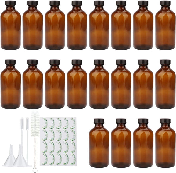 8oz Amber Glass Bottles, 20 Pack with Black Lids, 20 Labels, Funnels, Droppers, and Brush