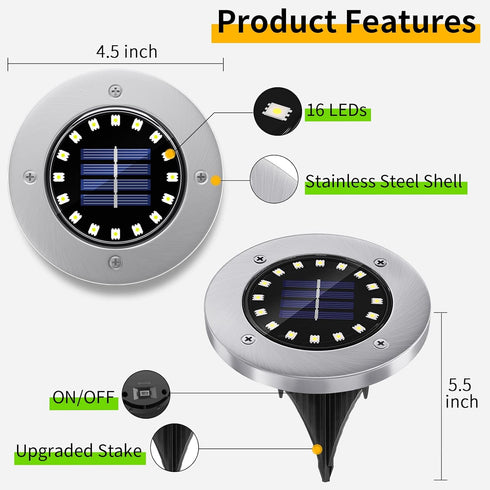 16 8pack) NFESOLAR Solar Lights Outdoor with LEDs, Bright Solar Ground Lights Outdoor Waterproof Solar Disk Lights