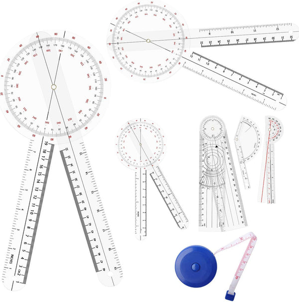 OIIKI 7PCS Goniometer Set - Includes 6/8/12inch Goniometer, 8inch Spinal Goniometer, Finger Goniometer, Blue Measuring