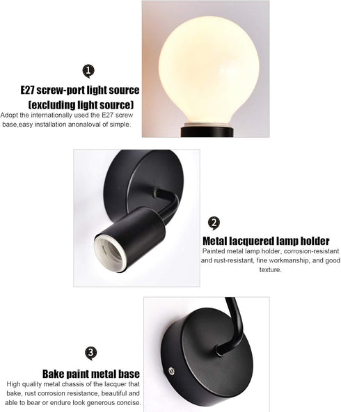 E27 AC85265V TOPINCN LED Sconces Wall Mounted Lamps Black Wall Light Fixture Retro Iron Single Head for Bedroom Living