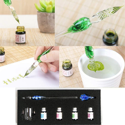 Crystal Glass Intarsia Dip Pen Kit, Vintage Calligraphy Fountain Pen with Ink