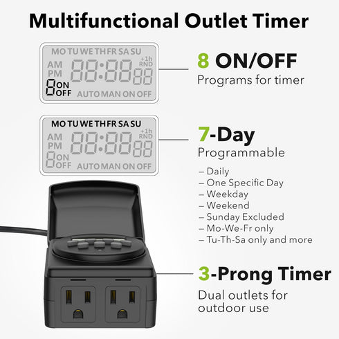 BN-LINK 7 Day Outdoor Heavy Duty Digital 24 Hour Programmable Timer, Dual Outlet, Weatherproof, Heavy Duty, Accurate for Lamps Ponds Christmas Lights 1875W 1/2HP by BN-LINK