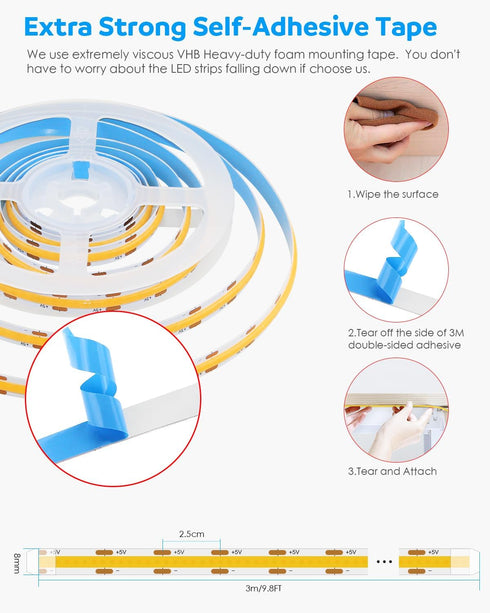 5V 10FT/3M 960LEDs 3000K Closet Aclorol USB COB LED Strip Light Warm White Flexible Tape Lights with Self-Adhesive