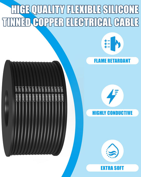 24 600FT, 24 6 100FT, 12V 24V, 200 Gauge Wire AWG Flexible Silicone Cable, Colors Each Wire Spool Stranded Tinned