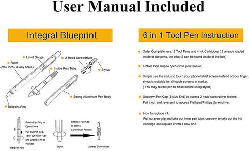 DUNBONG 6-in-1 Metal Multi Tool Pen - Stylus, Screwdriver, Ballpoint Pen, Level, Ruler, 1-Count (Black)